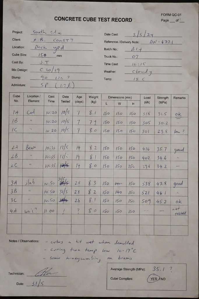 Concrete Cube Test Record